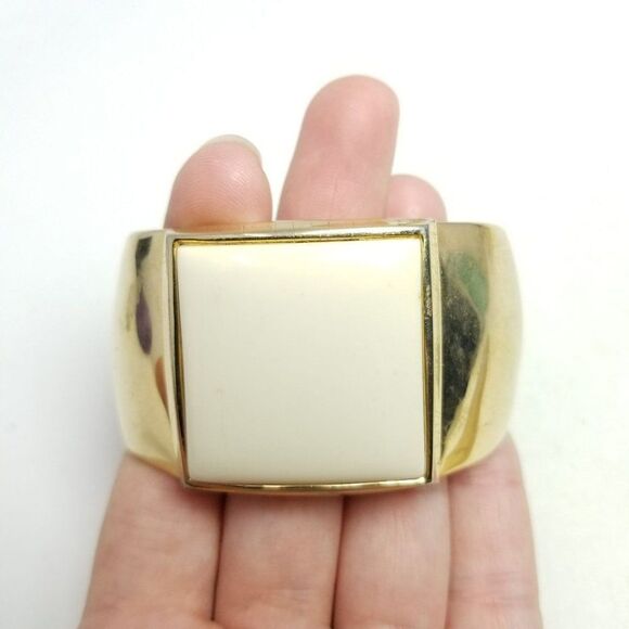 Vintage Avon Wide Cream Enamel Square and Gold Tone Cuff Bangle Bracelet, Estate - Picture 2 of 7